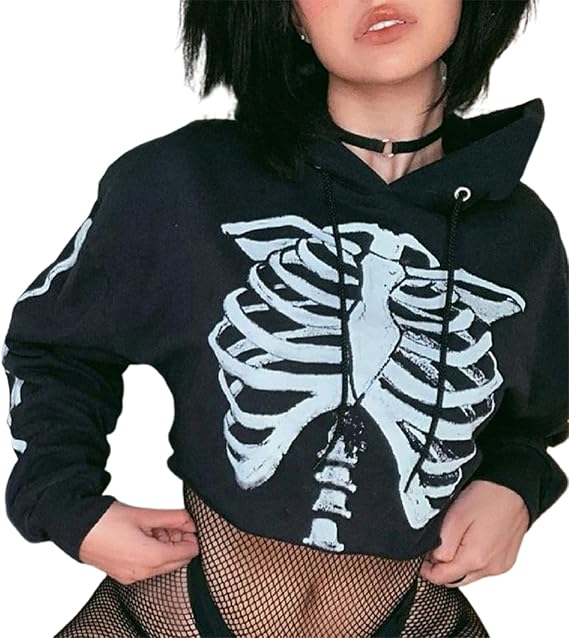 Chloefairy Women's Skeleton Print Crop Top Gothic Punk Hoodies Bandage Casual Pullover Long Sleeve Relaxed Fit Sweatshirts (Black, Medium)