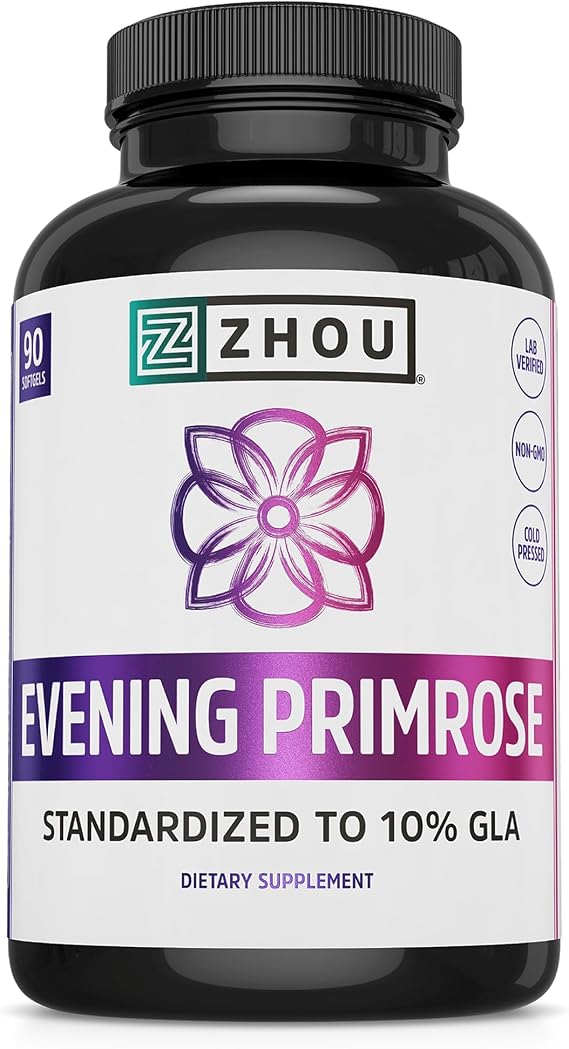 Zhou Evening Primrose - Standardized to 10% GLA, Cold-Pressed - 90 Softgels | Evening Primrose Oil Capsules for Women, 1400 mg Per Softgel for Skin and Hormone Support, Gluten Free