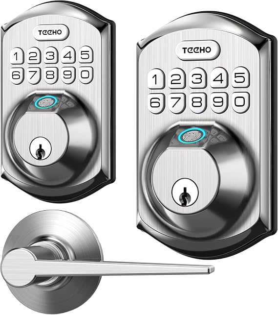 TEEHO Fingerprint Door Lock - Keyless Entry with 2 Lever Handles, Auto & 1 Touch Locking, Satin Nickel