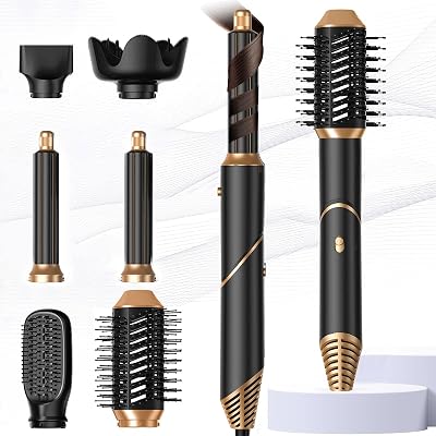 6 in 1 Hair Dryer Brush, Foldable Blow Dryer Brush with Wrap Curler, Detachable Air Hair Styler Curling, Drying,Volumizing, Straightening, Negative Ionic Hair Dryer with Diffuser, Hair Styling Tools