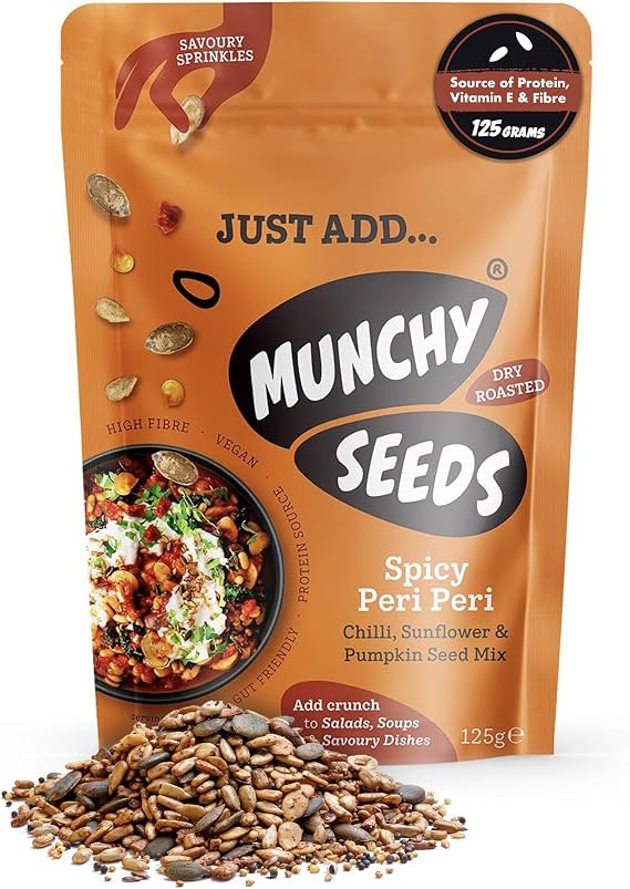 Munchy Seeds Just Add Savoury Sprinkles Snack - Spicy Peri Peri, 125g, Sunflower Seeds, Pumpkin Seeds and Watermelon Seed Mix with Grains, Spice, Bird’s Eye Chilli, Vegan, Protein & Fibre