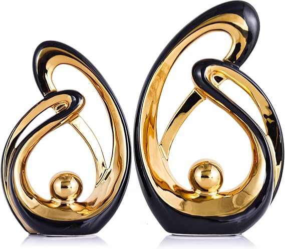 XMGZQ Abstract Art Statues, Modern Black and Gold Ceramic Decor, Table Decorations, Dining Room Living Room, Office Centerpiece, 2 PCS