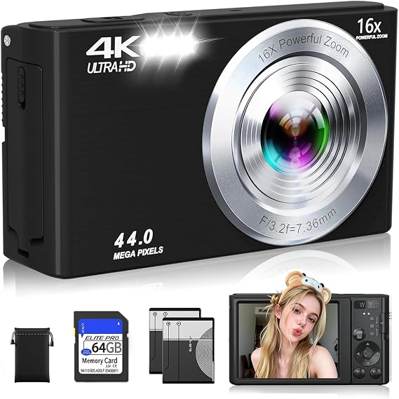 Digital Camera 4K, Autofocus Digital Compact Digital Camera,16X Digital Zoom Upgraded Travel Camera with 64GB SD Card,2 Batteries,Small Camera for Teens Kids Boys Girls,Black
