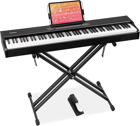 MOSEN Digital Piano 88-Key Weighted Keyboard with Hammer Action, Portable Electric Piano Set with X Stand, Recording Headphone Mode, Sustain Pedal, Music Rest, Dual Keyboard for Beginner, MDP-80D