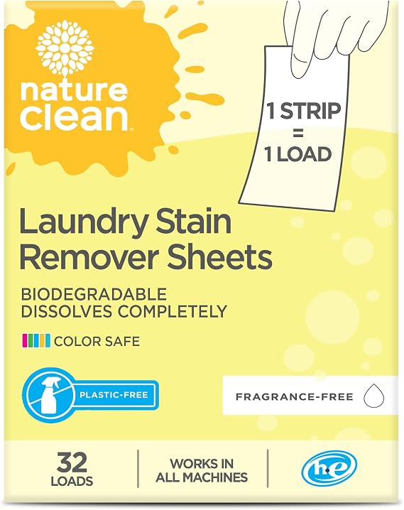Nature Clean Natural Stain Remover for Clothes Laundry Strips Unscented 32 Count, Non-Toxic Advanced Stain Remover Treater Laundry Sheets, Plastic-Free Travel Stain Remover for Fabric Eco-Friendly