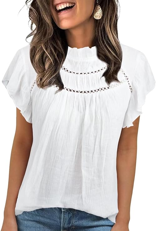 Falechay Blouses for Women Summer Tops 2025 Trendy Ruffle Sleeves Mock Neck T Shirts Pleated Front Loose Fit Work Blouse