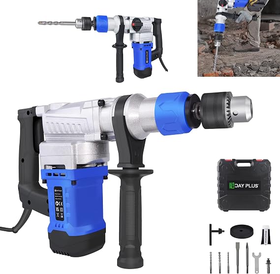 1500W Heavy Duty Rotary Hammer Drill, 3 Function, 4 Adjustable Speed and Adjustable Soft Grip Handle, Include 5 Drill Bits, Point and Flat Chisel with Case