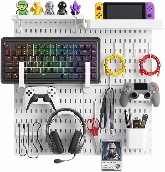 Keepo White 22"22" Pegboard Kit, Modern Gaming Setup Organizer with Accessories, Wall Mountable, Plastic Material