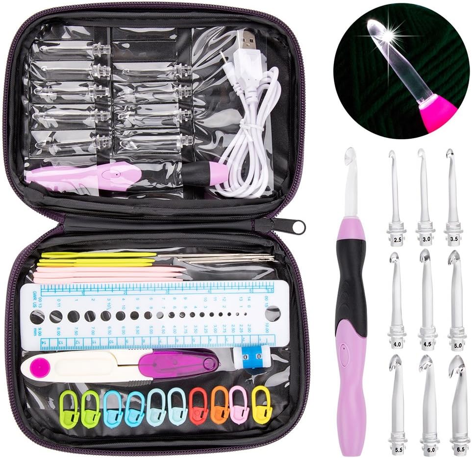 Vidillo Crochet Hook Light Set with Case Ergonomic Rechargeable Lighted Hooks with 9 Interchangeable Head Hooks and Crochet Hook Case Knitting Needle Weave Yarn Sewing DIY Craft Purple