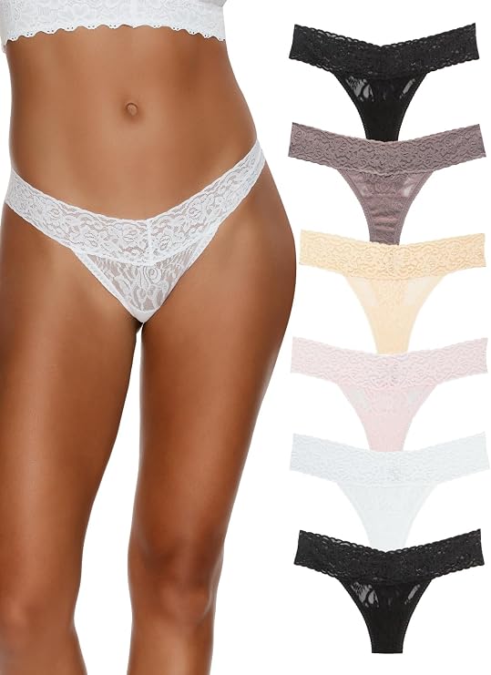 Felina Stretchy Lace Low Rise Thong - Sexy Underwear for Women, Thongs for Women, Seamless Panties for Women (6-Pack)