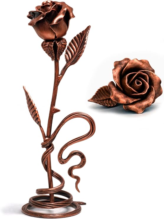 Handcrafted Copper Metal Rose with Stand - 7th 22nd Year Anniversary Flower - Copper Anniversary Figurine for Her