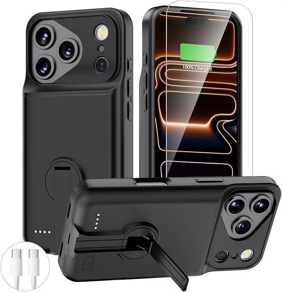 BOPPS Battery Case for iPhone 17 Pro with StandSupport Carplay Slim Powerful 8500mAh Portable Charger Case 360Protection Rechargeable Extended Charging case for iPhone 17 Pro Black