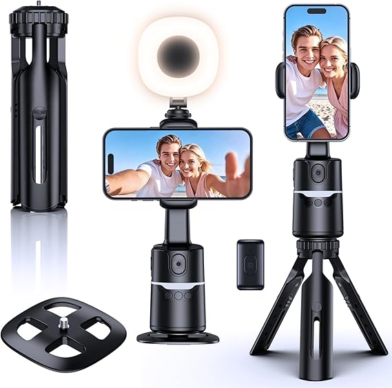 UBeesize Auto Face Tracking Tripod with Adjustable Desk Tripod, 360 Rotating vlogging kit for iPhone with Remote & Gesture Control, Rechargeable Selfie Fill Light, No App Required