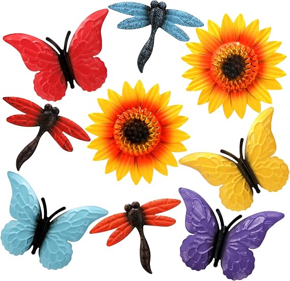 Pumtus 9 Pack Metal Flowers Wall Decor, Small Outdoor Fence Decoration, Butterfly Dragonfly Wall Art Ornament, Hanging Sunflower Animal Sculptures for Garden Patio Backyard Deck Home