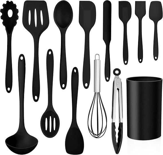LIANYU 14 Pcs Silicone Kitchen Utensils Set with Holder, Black