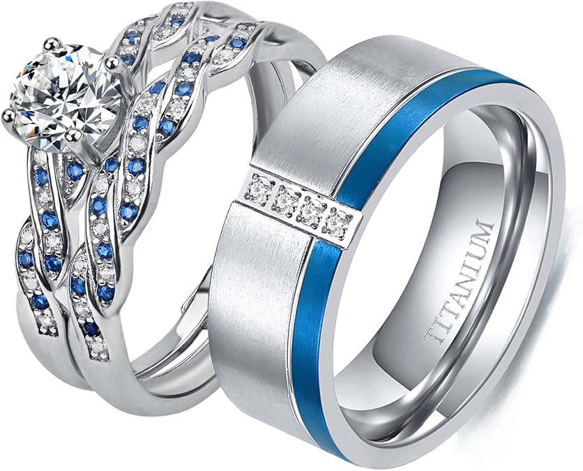 Couple Ring Bridal Set His Hers White Gold Plated CZ Stainless Steel Wedding Ring Band Set