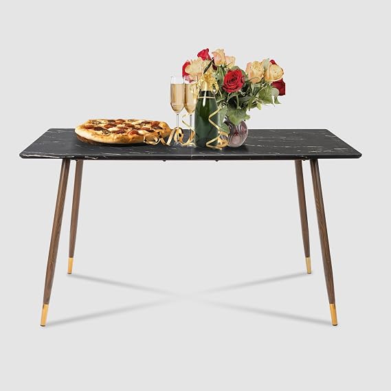 Dining Table, Mid-Century Modern Dining Room Table, Rectangular Kitchen Table, Sturdy Metal Frame, 55 Inch, Marble Black