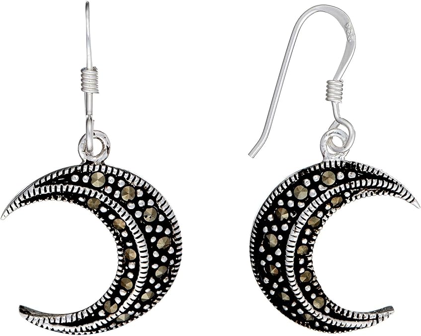 Silverly Sterling Silver Marcasite Crescent Moon Dangle Earrings Sparkly 925 Silver Half-Moon Earrings - Witchy Gothic Design - Celestial Wiccan Jewelry for Women - Mystical Symbol Gift