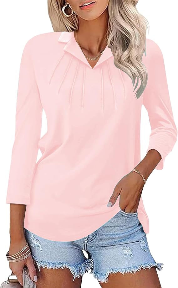 3/4 Sleeve Polo Shirts for Women Collared Tops Loose Casual Tops Work Blouses V Neck Fall T Shirts