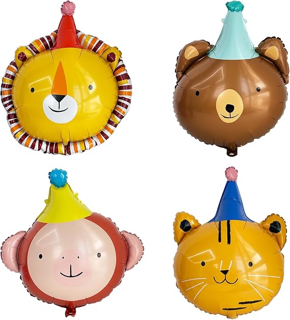 Animal Head Foil Balloon Kit, Lion Bear Monkey Cat foil balloon, Birthday Party Decorations, Baby Shower Supplies (Animal kit(4 pcs))