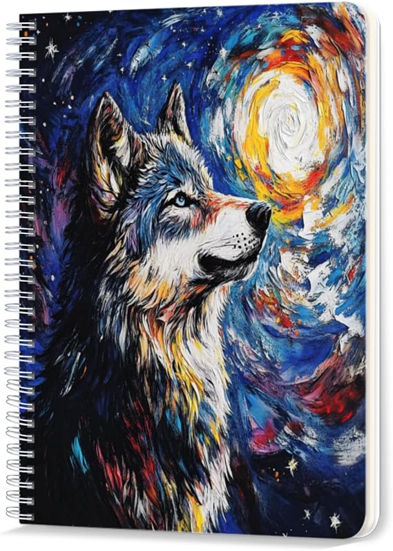 Spiral Notebook,Double-Wire Spiral College Lined Journal Notebook for Study and Notes,100 Pages,5.71x 8.26 in - Wolf Gazing at the Cosmic Vortex