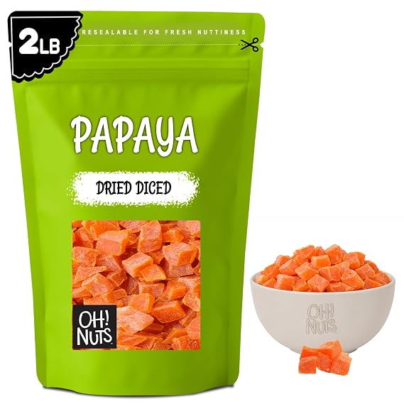 Oh! Nuts Dried Papaya Diced, Less Sugar Added, 2 lb | Dried Papaya Chunks, Less Sugar Added, Dehydrated Fruit Bites, Kosher Certified, Dairy-Free, Zip-Seal Bag, 2 lb