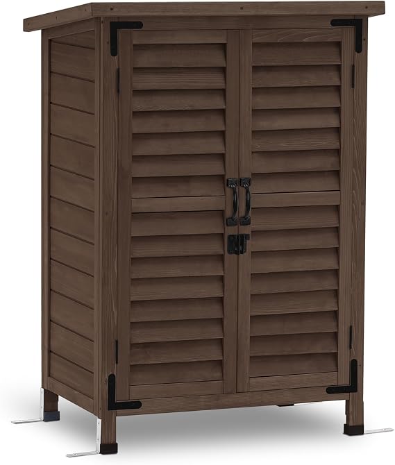 MCombo Small Outdoor Storage Cabinet, Wood Shed with Shelf 0985 (Brown) | Waterproof Asphalt Roof, Fir Wood Garden Cabinet, for Yard, Patio and Lawn Storage