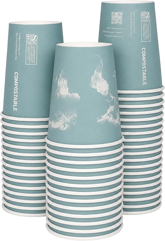 ECO PRODUCTS Compostable Disposable World Art 12oz Large Coffee Cups, Pack of 50, Renewable Hot Paper Cup, Plant Based PLA Lining, Color Coded