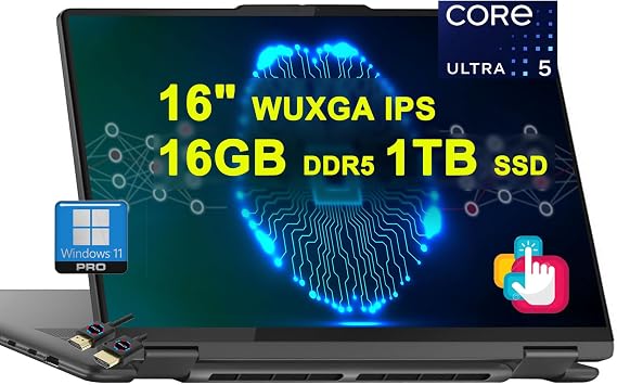 Lenovo Yoga 7 16 2-in-1 AI PC Laptop | 16" WUXGA Touch | Intel 12-core Ultra 5 125U (>i7-1335U) | 16GB DDR5 1TB SSD Backlit Fingerprint Thunderbolt FHD Camera Win11Pro w/DLCA Accessory