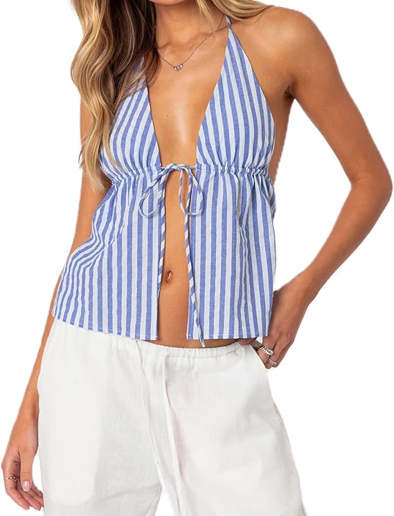 RUEWEY Women Striped Shirt Tie Front Halter Tank Top Sexy Deep V Neck Sleeveless Backless Cami Shirt Y2K Crop Tops