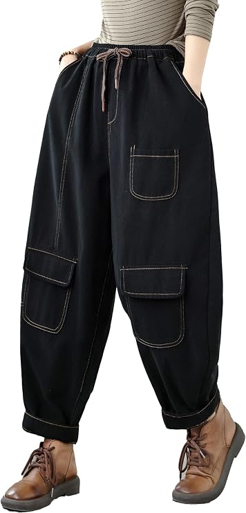 LAI MENG FIVE CATS Women's Cargo Pants Loose Baggy Jeans Drawstring Pants | Streetwear Pant,Y2K Barrel Denim,Pocket,Boyfriend Jeans
