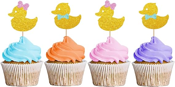 24PCS Duck Gender Reveal Cupcake Toppers, Duck Birthday Party Cupcake Toppers, Rubber Duck Dessert Picks, Baby Shower Party Decoration - Gold Glitter