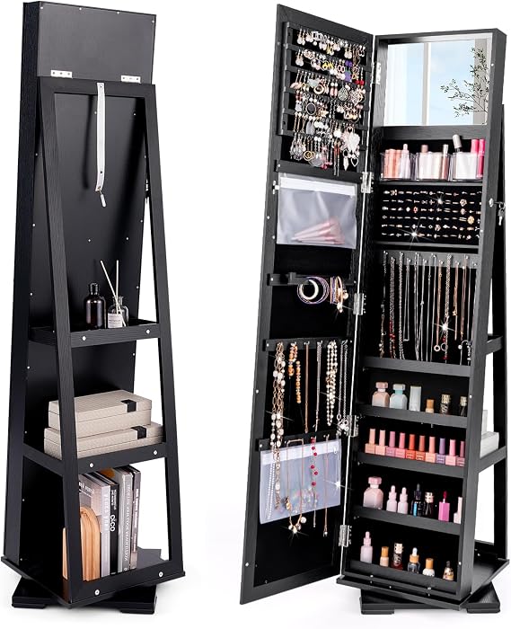 MAT EXPERT 360 Rotating Jewelry Armoire with Mirror, Freestanding Jewelry Storage Mirror w/78 Ring Slots, 24 Necklace Hooks, 120 Earring Slots, Lockable Jewelry Organizer for Makeup (Black)