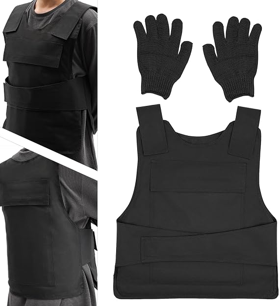 Stab Proof Vest, 50 * 58cm Adjustable shoulder straps and waist straps, Armour Vest with removable inner, Pockets and Gloves, Protection Level: 24 Joules of Kinetic Energy