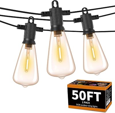 ZOTOYI Outdoor String Lights 50FT, Patio Lights with 27 LED Plastic ST38 Edison Bulbs2 Spare, Waterproof IP65 Outside Hanging for Backyard, Garden, Cafe, Gazebo, PorchDimmable 2700K