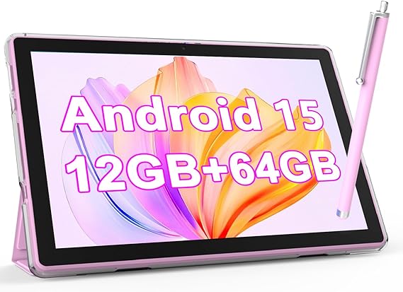 NOVOJOY 10 Inch Android Tablet Case with Stylus Tablet with USB Port Android 15 Tablet 2.0GHZ 2MP+8MP Dual Camera 6000mAh 12GB RAM 4GB+8GB Extend +64GB ROM 5Gwifi6 Tablet Pink