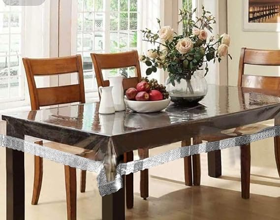Generic PVC Table Cover for 6 Seater - Transparent PVC Table Cloth Size 60 inch x 90 inch - Vinyl Waterproof Tablecloth Transparent PVC Dining Table Protector (Silver Lace)