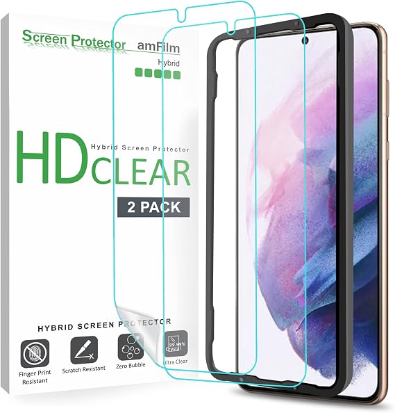 amFilm Screen Protector for Samsung Galaxy S21 Plus 5G 6.7 inch (2021), Fingerprint ID Compatible, HD Clear, Flex Film NOT Glass, Case Friendly with Easy Installation Tray (Pack of 2)