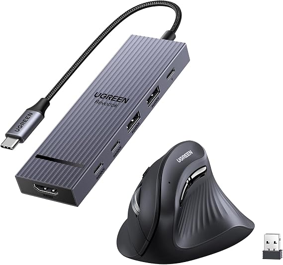 UGREEN Revodok Pro USB-C Hub 6 in 1 Bundle with Vertical Wireless (Bluetooth 5.0+2.4G) Ergonomic Mouse Compatible with PC/Laptop/Tablet