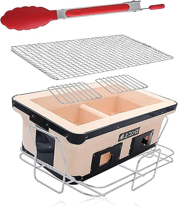 Japanese Tabletop Charcoal Grill with Wire Mesh Grill and Clip Hibachi Style Yakiniku BBQ Grill, Portable Clay Charcoal Barbecue
