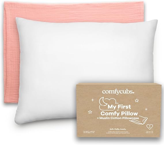 Comfy Cubs Toddler Pillow with Muslin Pillowcase, 13 x 18 in - Lightweight, Breathable Microfiber Fill for Sleeping and Travel - Soft and Cozy Small Pillow for Toddlers - Blush