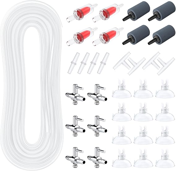 Pawfly Aquarium Tubing, 50 Feet Fish Tank Airline Tubing, Aquarium Air Pump Accessories Kit with Air Stones, Check Valves, Suction Cups, Air Control Valves and Connectors