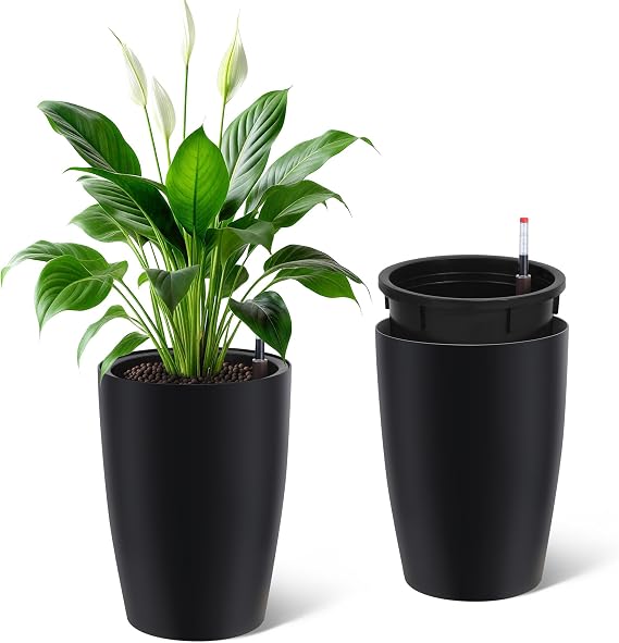 16" Tall Planter Set of 2, Self Watering Pots, Large Planter for Outdoor | Built-in Drainage and a Water Level Monitor, Tall Planters for Patio, Porch, Living Room, Home Office, Black