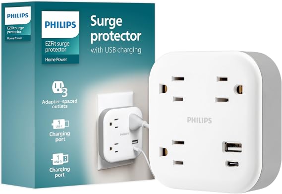 Philips Surge Protector Outlet Extender + USB Ports, 3 Outlet Wide-Spaced