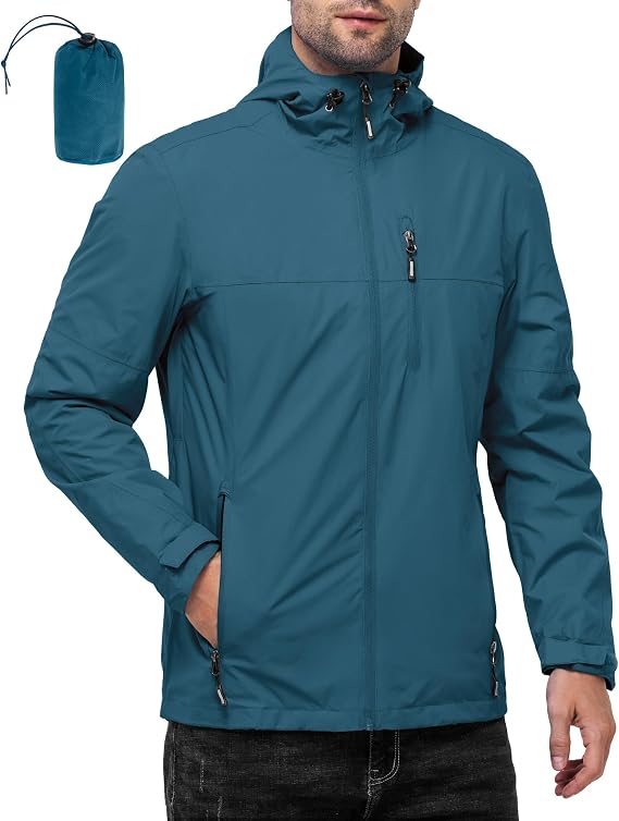 Outdoor Ventures Men's Lightweight Waterproof Jacket Windproof Rain Coats Pack Away Hooded Jackets Windbreaker for Camping Fishing Running Cycling