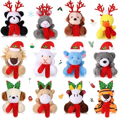 Jenaai 12 Pcs Mini Christmas Stuffed Animals Bulk Small Christmas Tree Decor Animals Hanging Santa Elk Keychain Doll for Xmas Holiday Exchange Gifts Party Favors