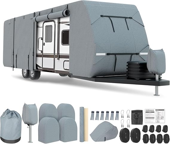 RV Cover 30-33ft, Travel Trailer Heavy Duty Extra-Thick 8 Layers Anti-UV Waterproof Windproof Camper Cover with Tongue Jack Cover, Extra Windproof Ropes, Gutter Covers
