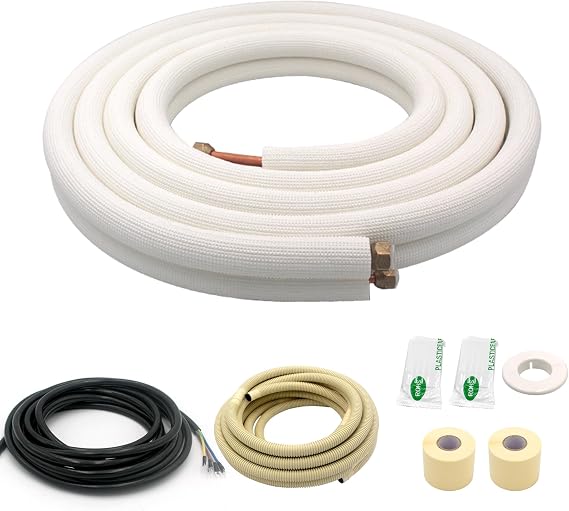 20FT Mini Split Line Set 1/4*3/8 OD HVAC Copper Tube Pipe Extension,3/8 Thickened PE Insulation Coil Air Conditioner Twin Copper Line Heating Equipment Hose with Flared Nuts (20FT (1/4+3/8) with wire)