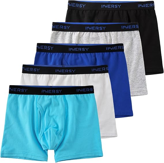 INNERSY Boys' Underwear Cotton Soft Boxer Briefs 5-Pack | Stretchy Waistband, Open Fly for Growing Teens, Aged 6-18, Big Kid Daily Wear
