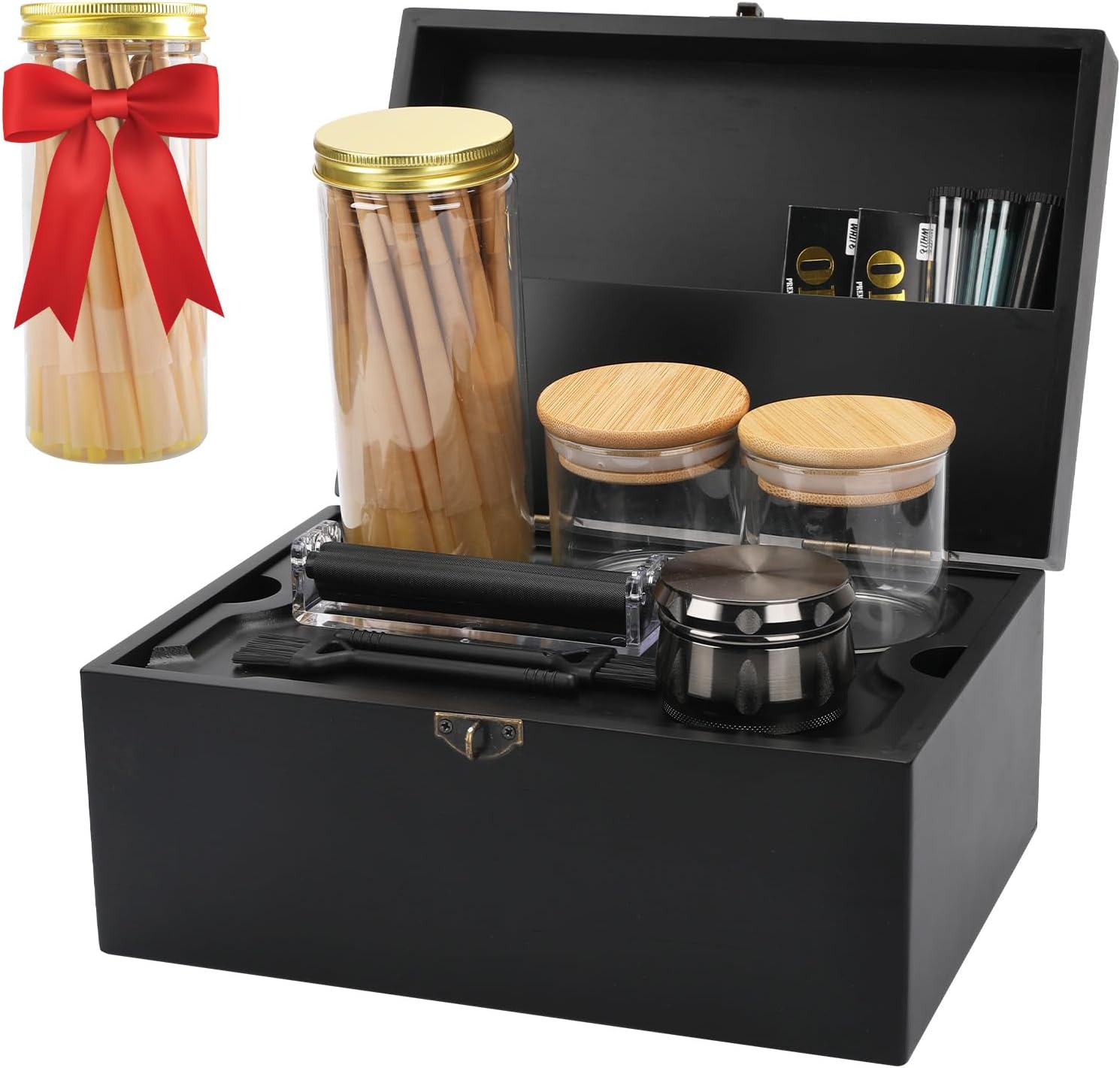 Large Bamboo Storage Box with Removable Tray Kit - Decorative Box Set, Glass Jars, and Accessories Wooden Storage Kit and Accessories Tool.Birthday Gifts